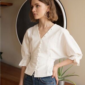 Pixie Market White Cream Linen Button Top